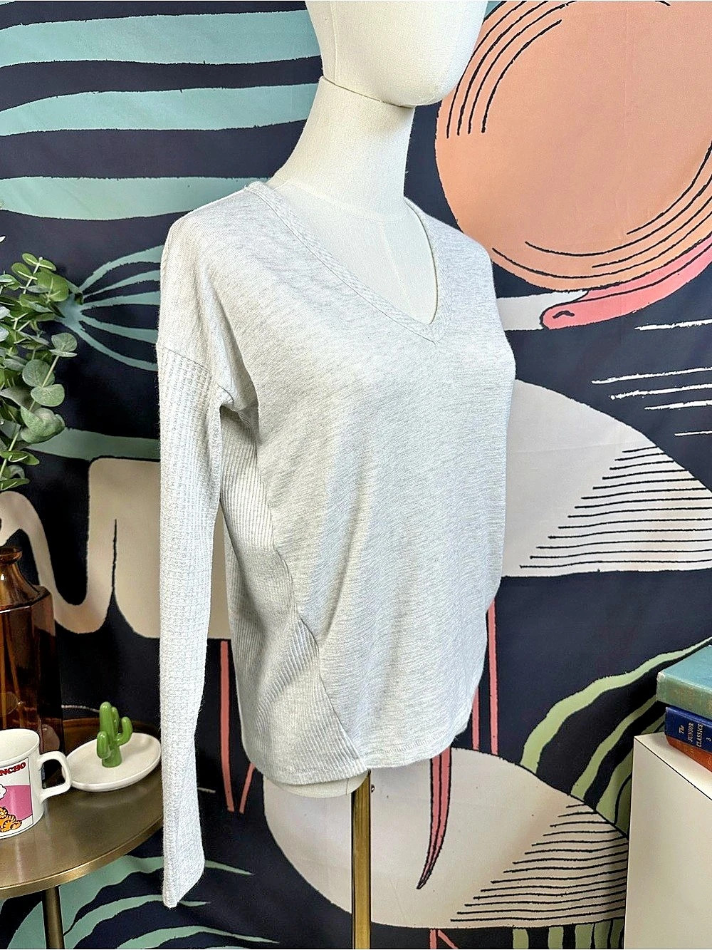 rag & bone The Bias Rib Knit Long Sleeve V-Neck Top Gray XS